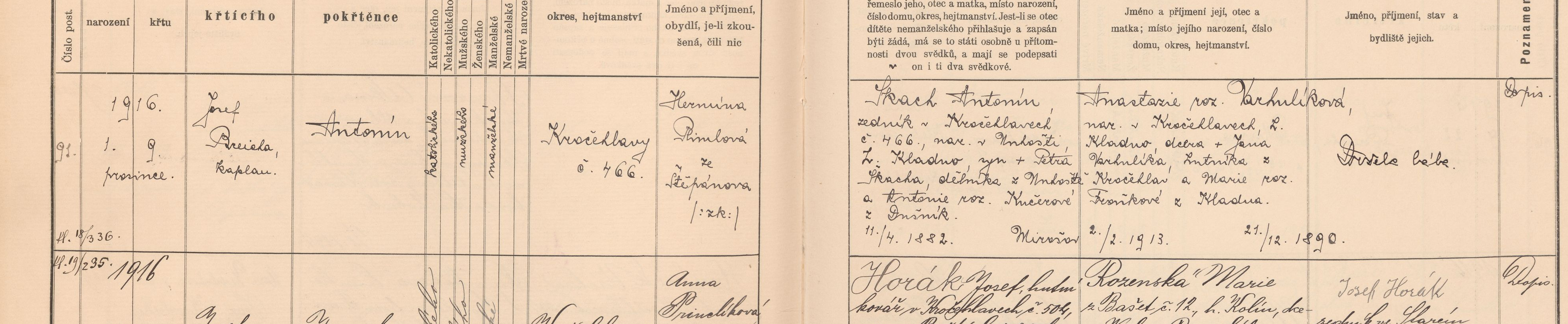 Výřez zápisu Antonína Škacha s datem narození a kročehlavským domem čp. 466.