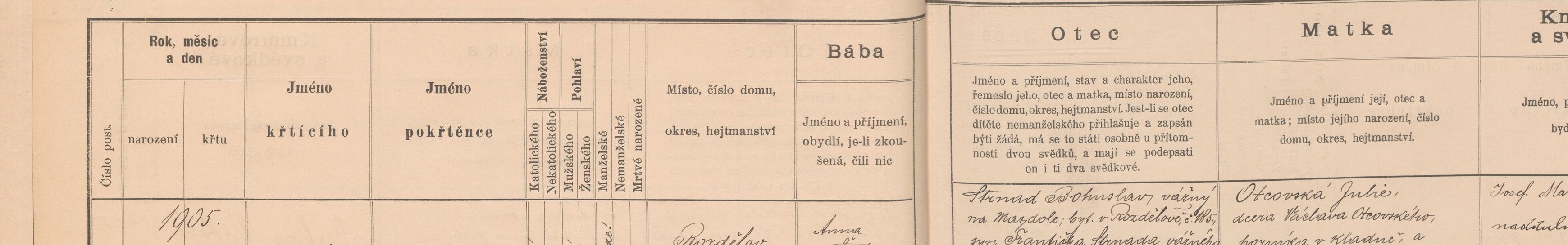Výřez zápisu Bohuslava Strnada s datem narození, křtem a rozdělovským domem čp. 185.