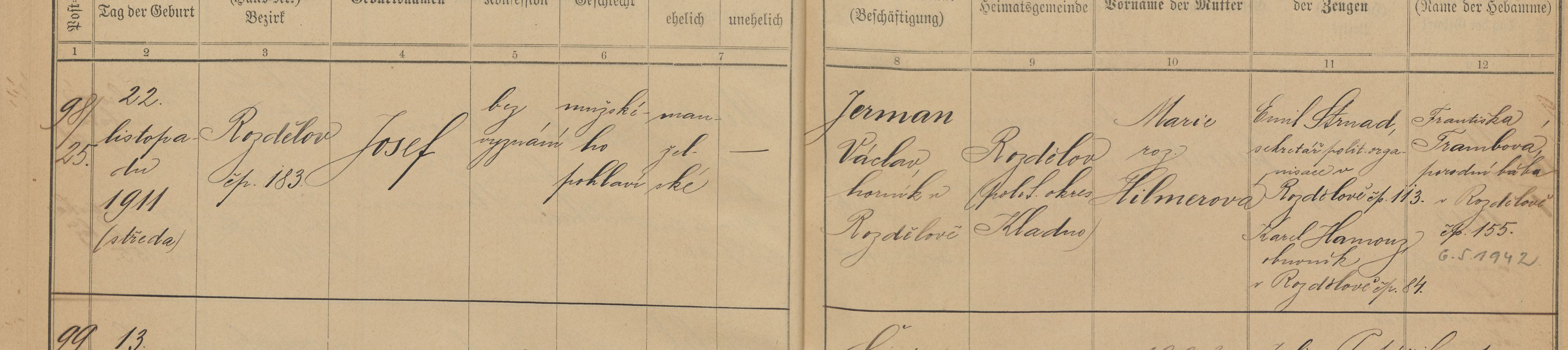 Výřez zápisu Josefa Jermana s datem narození, místem a jménem dítěte.