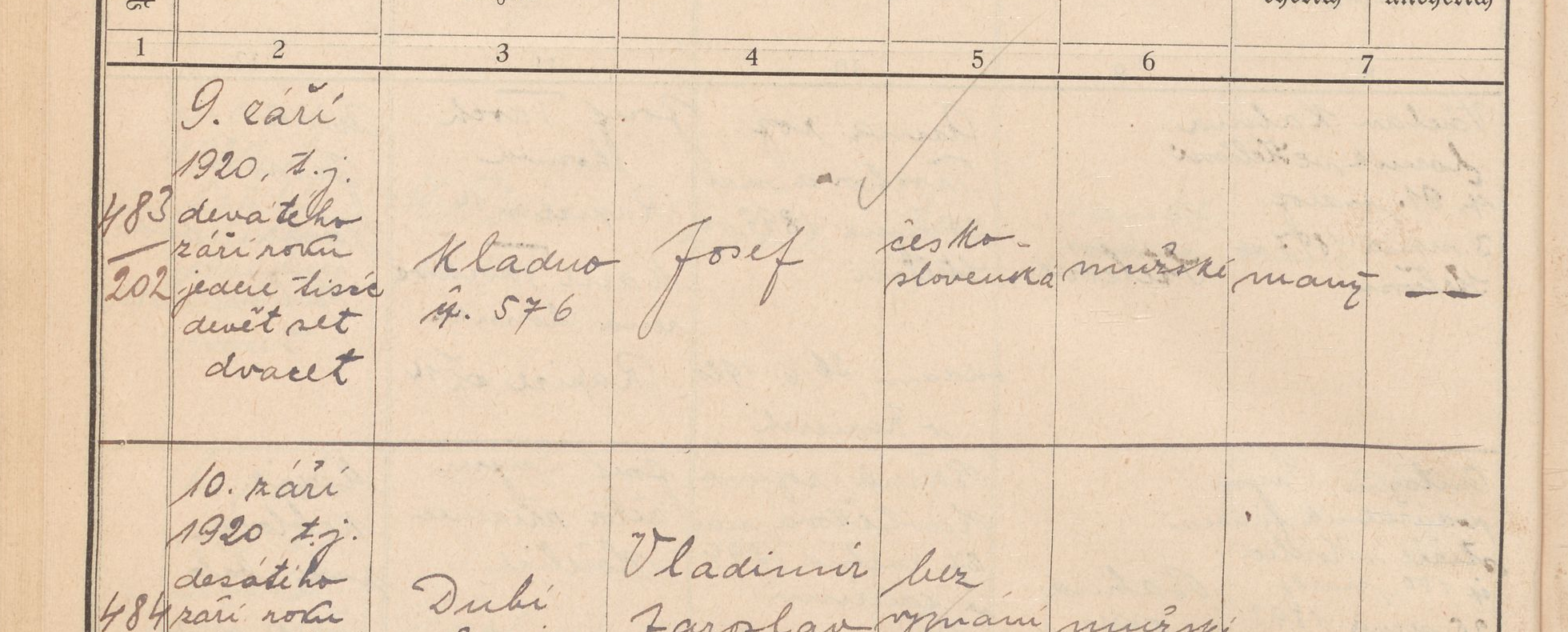 Výřez zápisu Josefa Kobra s datem narození a kladenským domem čp. 576.