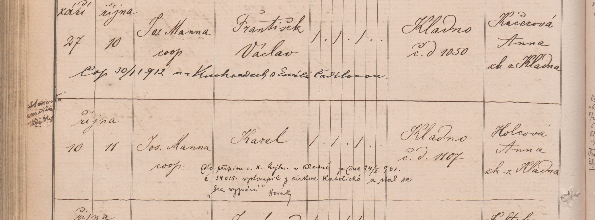 Výřez zápisu Karla Kindla s datem narození, křtu, jménem a kladenským domem čp. 1107.