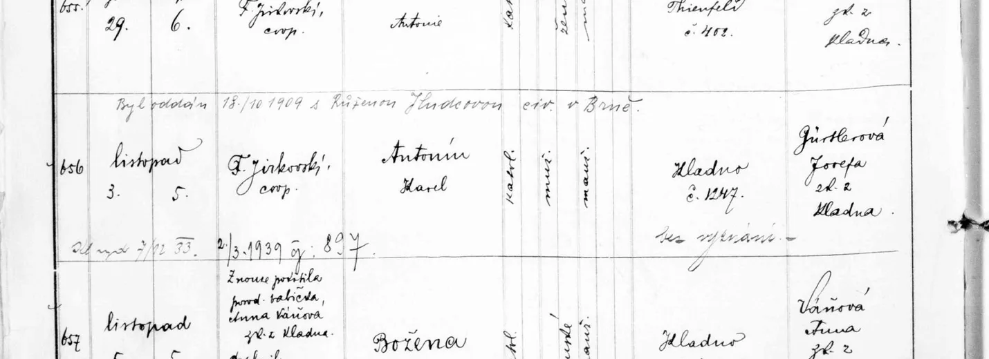 Výřez zápisu s datem narození, jménem Antonín Karel Laštovička a kladenským domem čp. 1247.