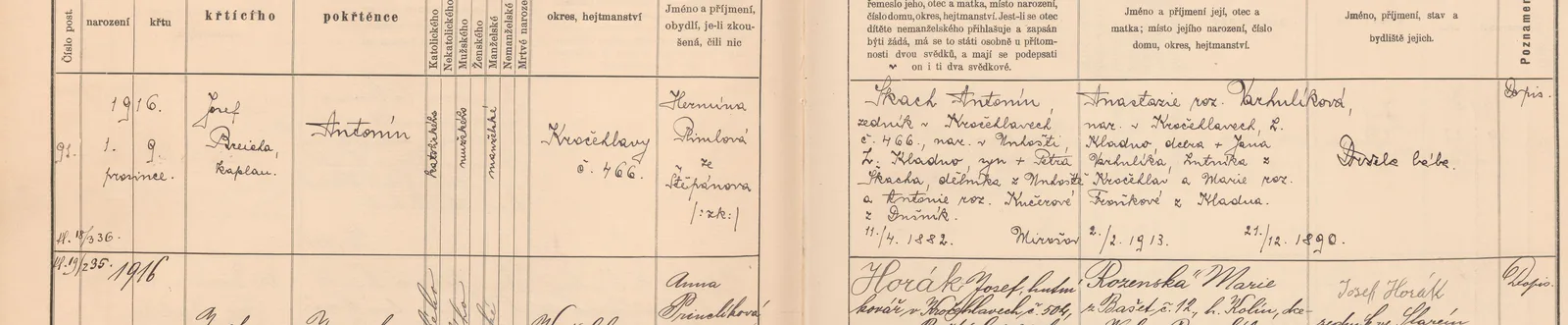 Výřez zápisu Antonína Škacha s datem narození a kročehlavským domem čp. 466.