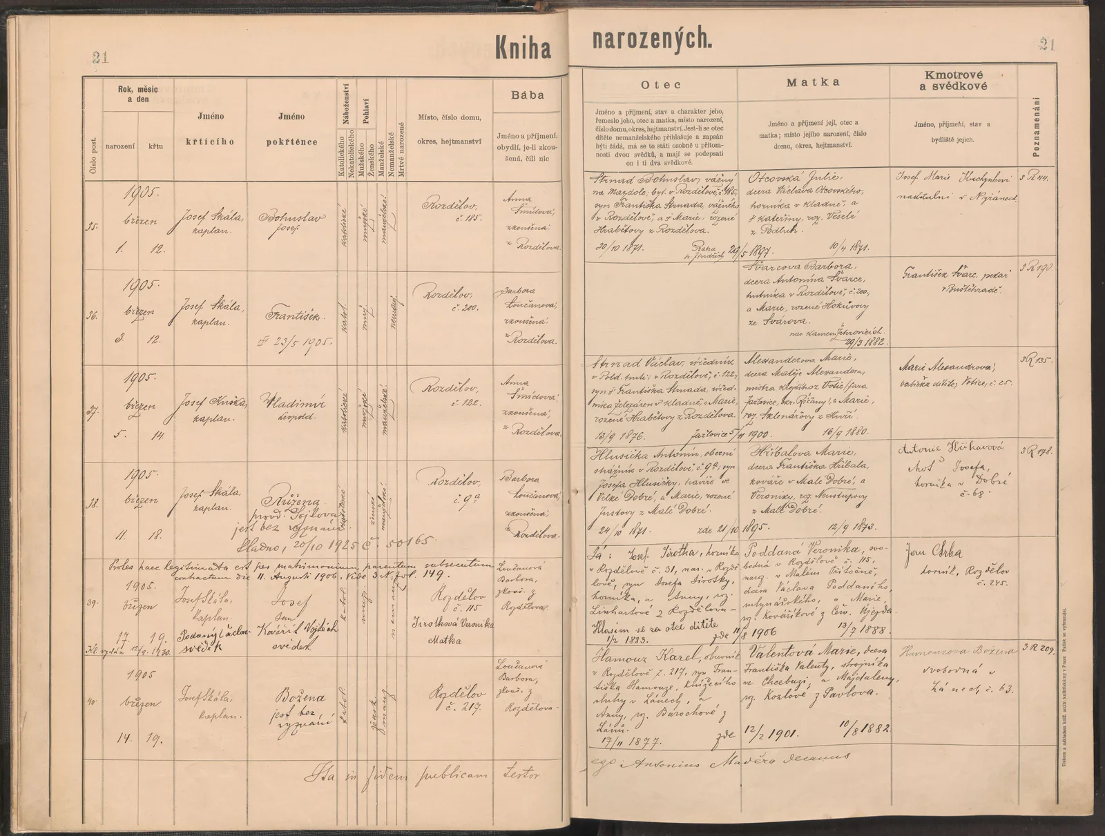 List 21 matriční knihy Kladno 83 se zápisem narození Bohuslava Strnada.