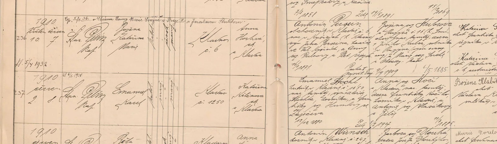 Výřez zápisu s datem narození a křtu Emanuela Karla Štochla a kladenským domem čp. 1250.