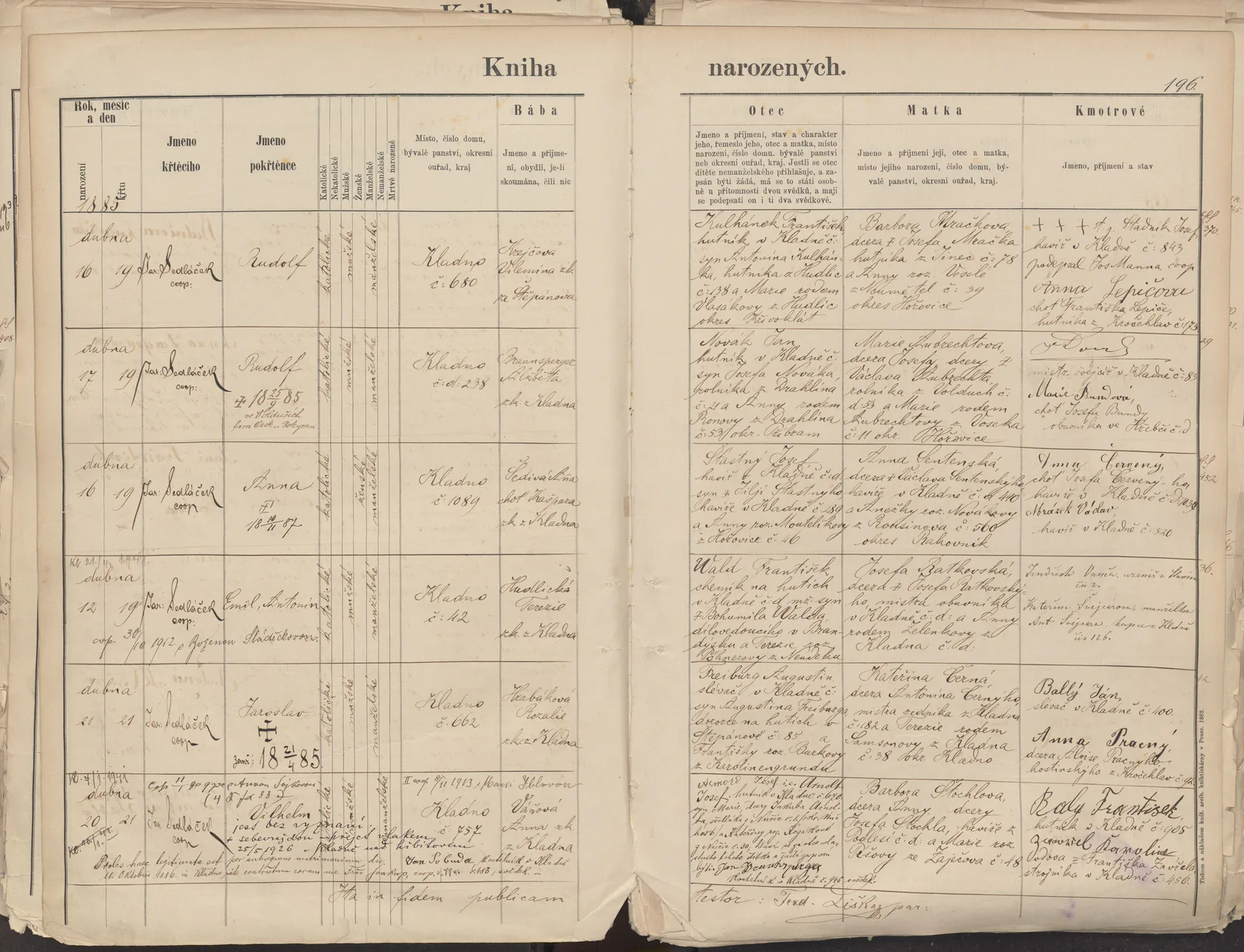 List 196 matriční knihy Kladno 29 se zápisem narození Emila Walda.