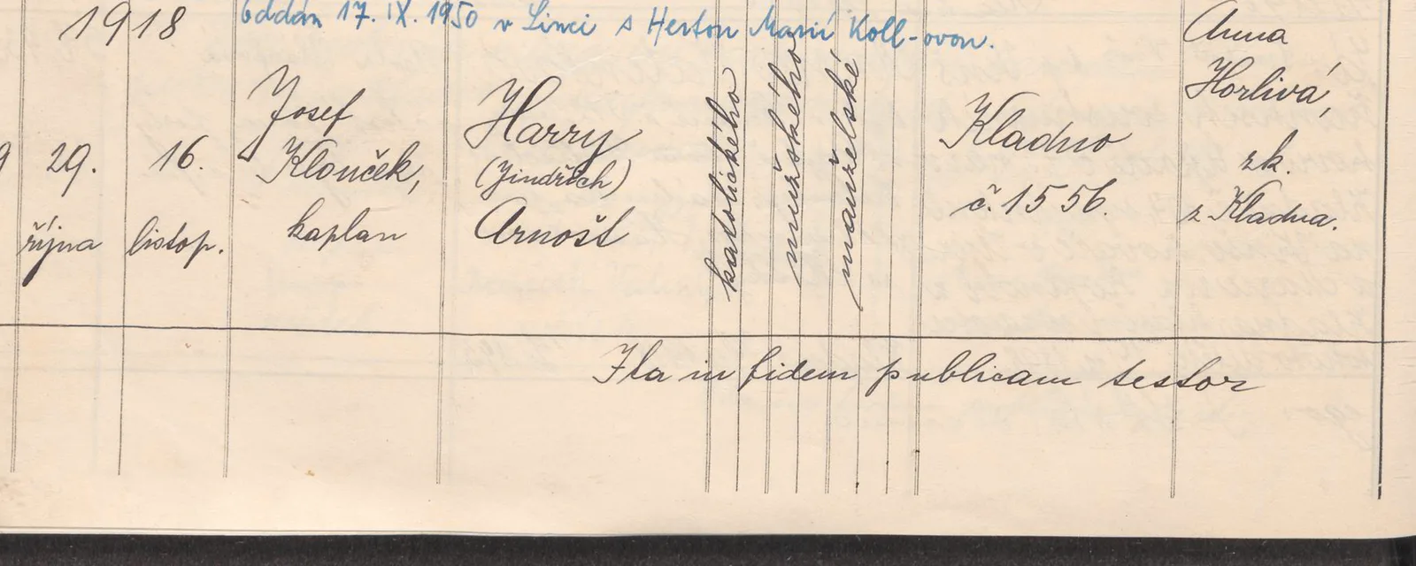 Výřez zápisu Harryho Slapnicky s datem narození, křtu, jménem a kladenským domem čp. 1556.