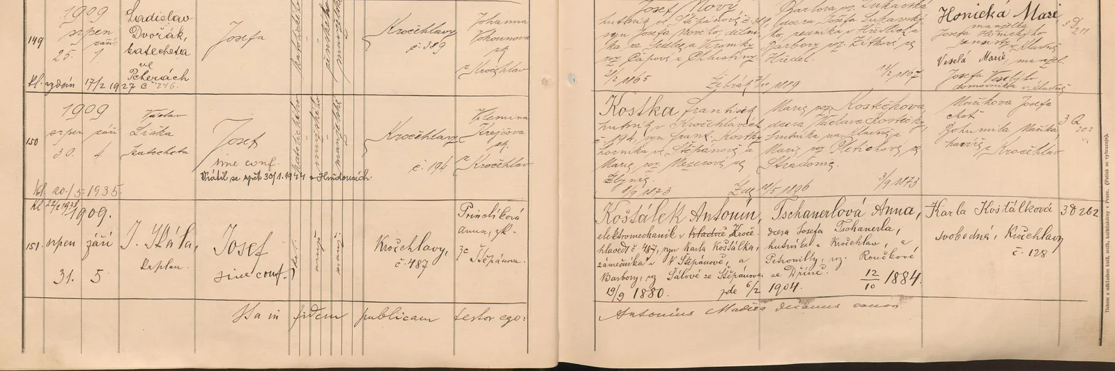 Výřez zápisu Josefa Košťálka s datem narození, místem a jménem dítěte.