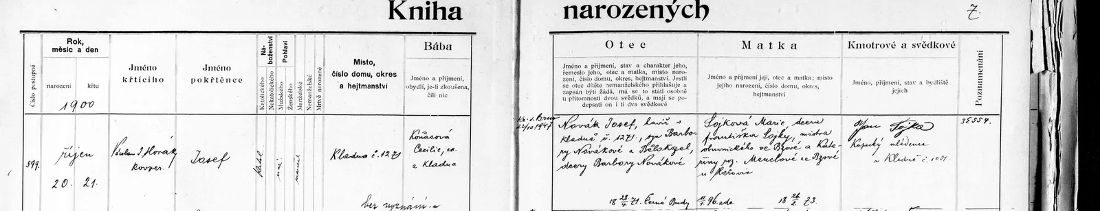 Výřez zápisu Josefa Nováka s datem narození 20. října 1900 v Kladně.