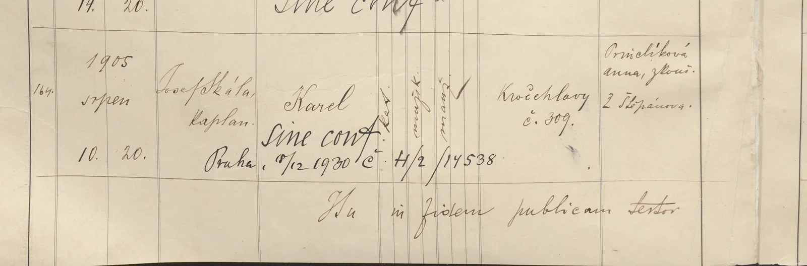 Výřez zápisu Karla Hejmy s datem narození 10. srpna 1905 v Kročehlavech.