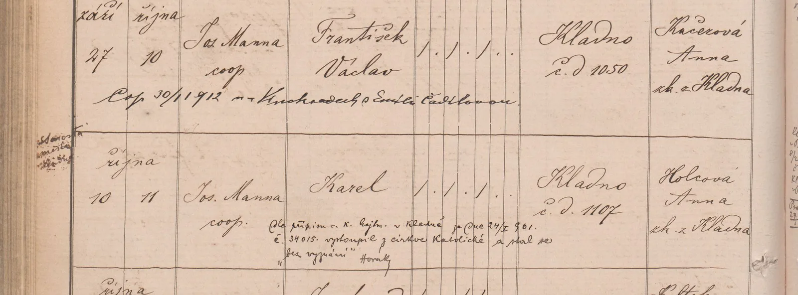 Výřez zápisu Karla Kindla s datem narození, křtu, jménem a kladenským domem čp. 1107.
