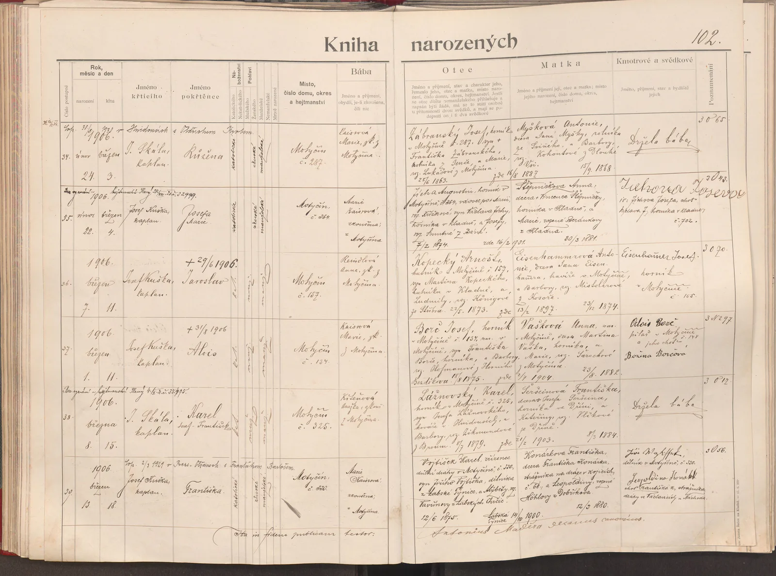 List 102 matriční knihy Kladno 79 se zápisem narození Karla Lažnovského.