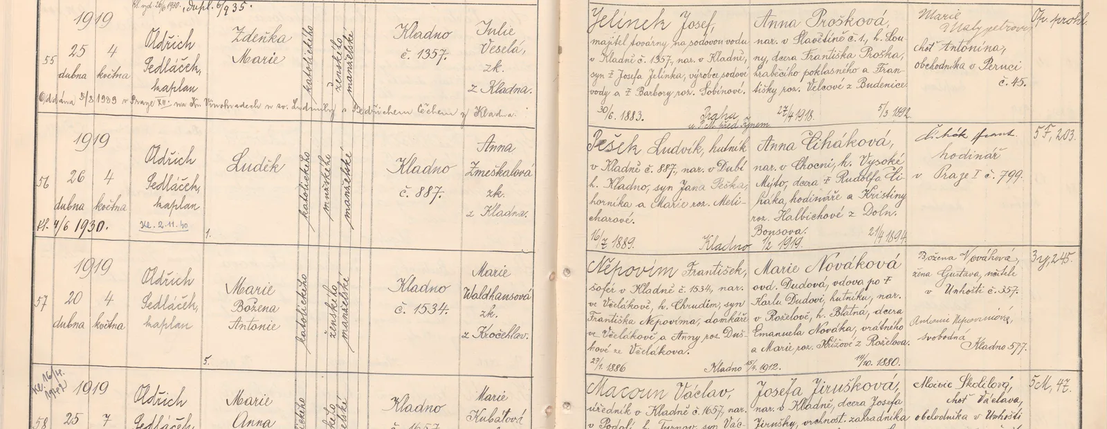 Výřez zápisu Luďka Peška s datem narození, křtem, jménem a kladenským domem čp. 857.