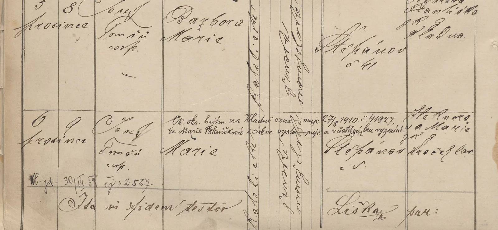 Výřez zápisu Marie Skleničkové s datem narození, křtu a domem čp. 11 ve Štěpanově.