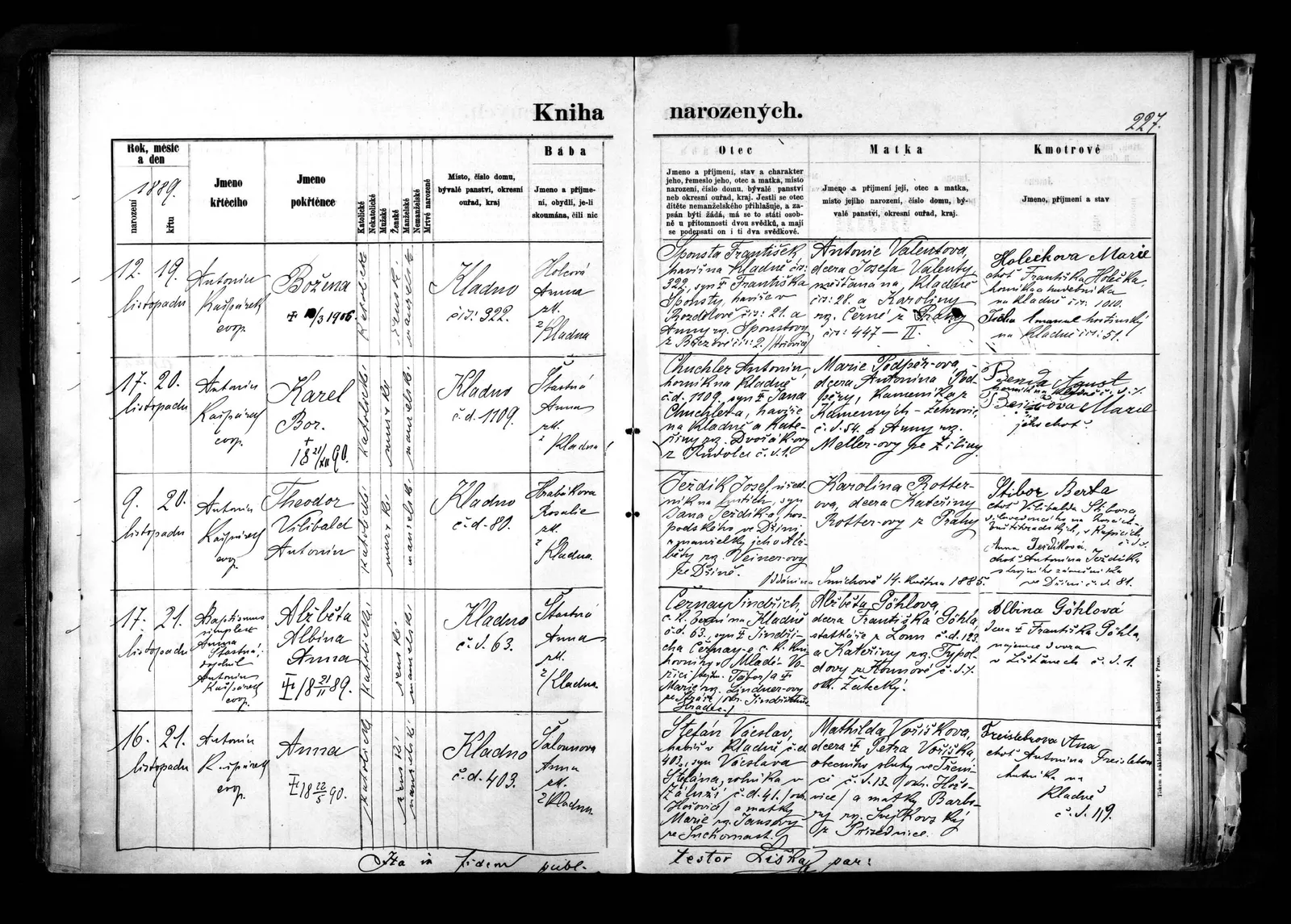 List 207 matriční knihy Kladno 32 se zápisem narození Theodora Ježdíka.