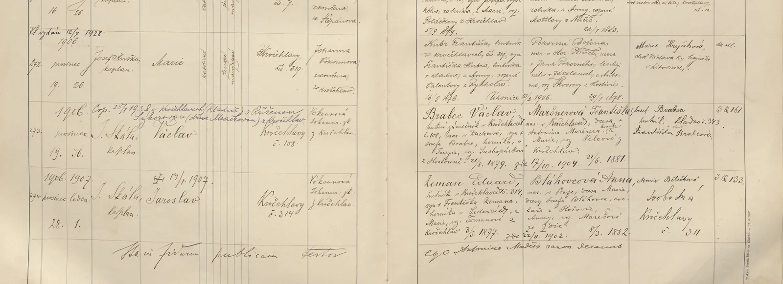Výřez zápisu Václava Brabce s datem narození, křtem a kročehlavským domem čp. 108.