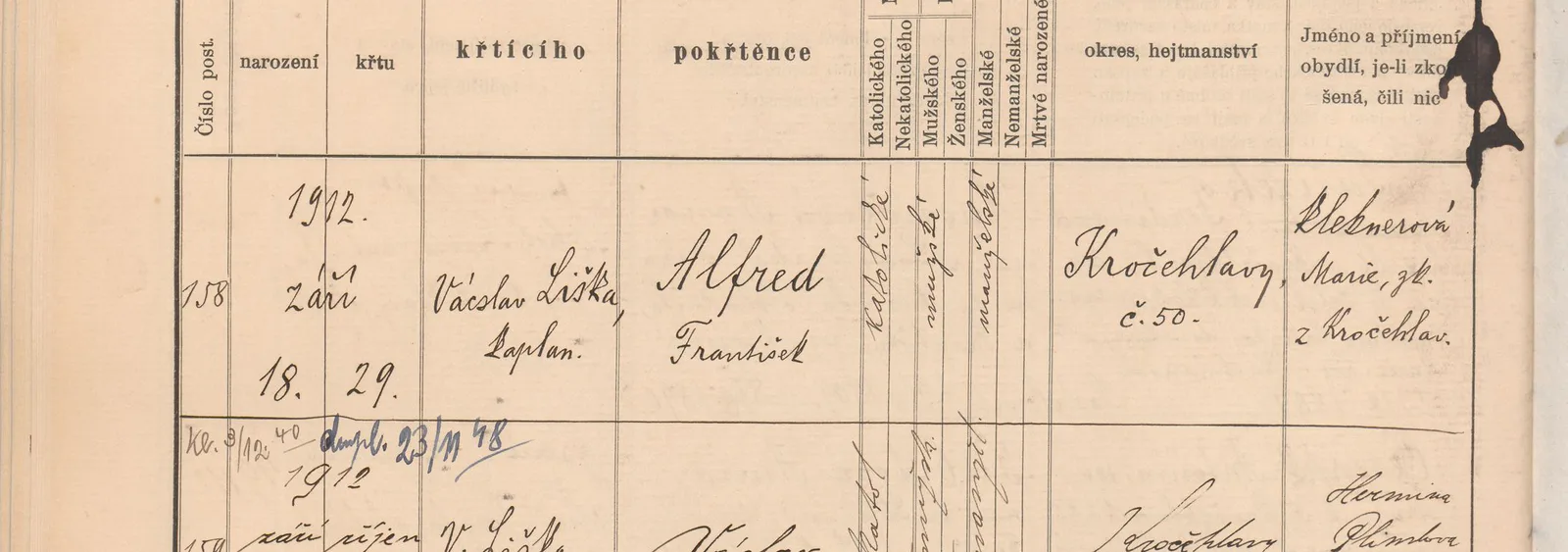 Výřez zápisu Václava Horáka s datem narození 27. září 1912 v Kročehlavech.