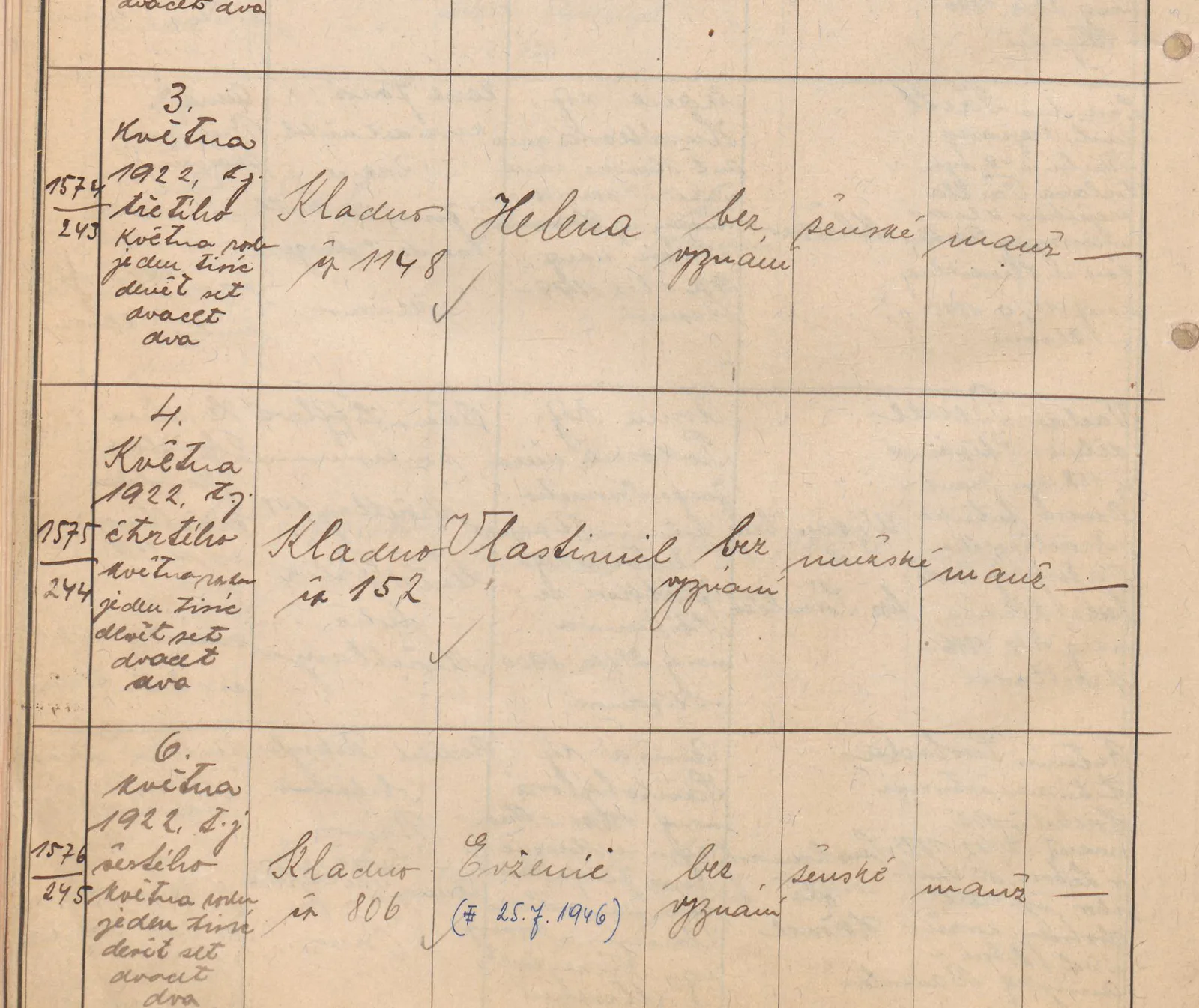 Výřez zápisu Vlastimila Sýkory s datem narození a kladenským domem čp. 152.