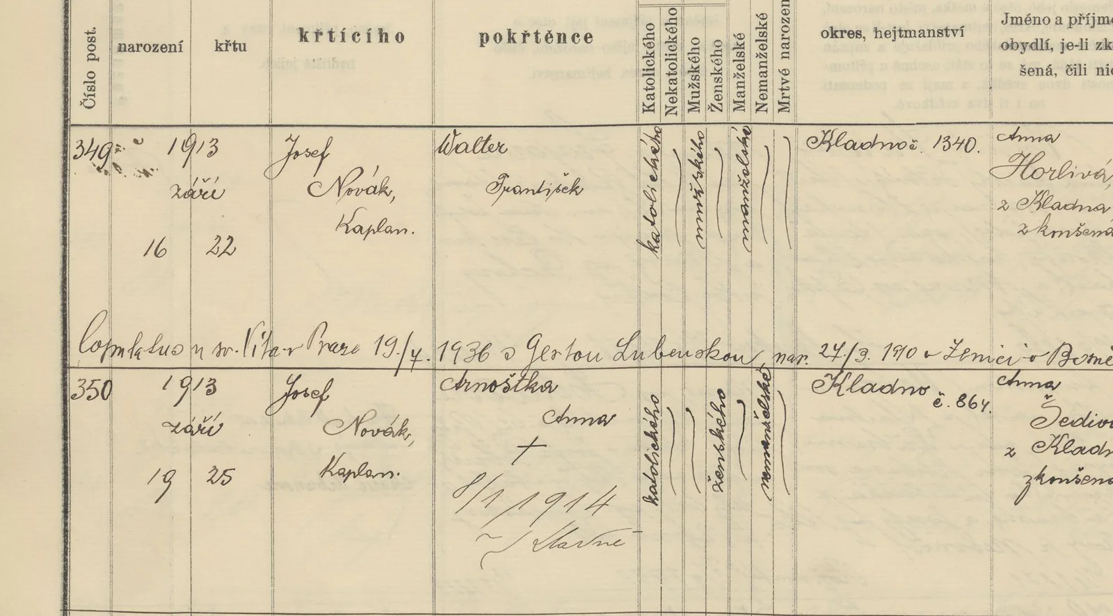 Výřez zápisu Waltera Hummelbergera s datem narození, křtem a kladenským domem čp. 1340.