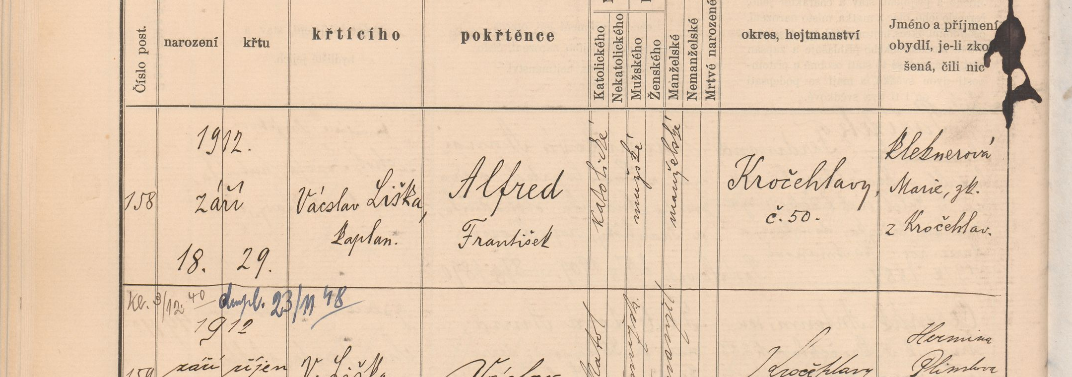 Výřez zápisu Václava Horáka s datem narození 27. září 1912 v Kročehlavech.