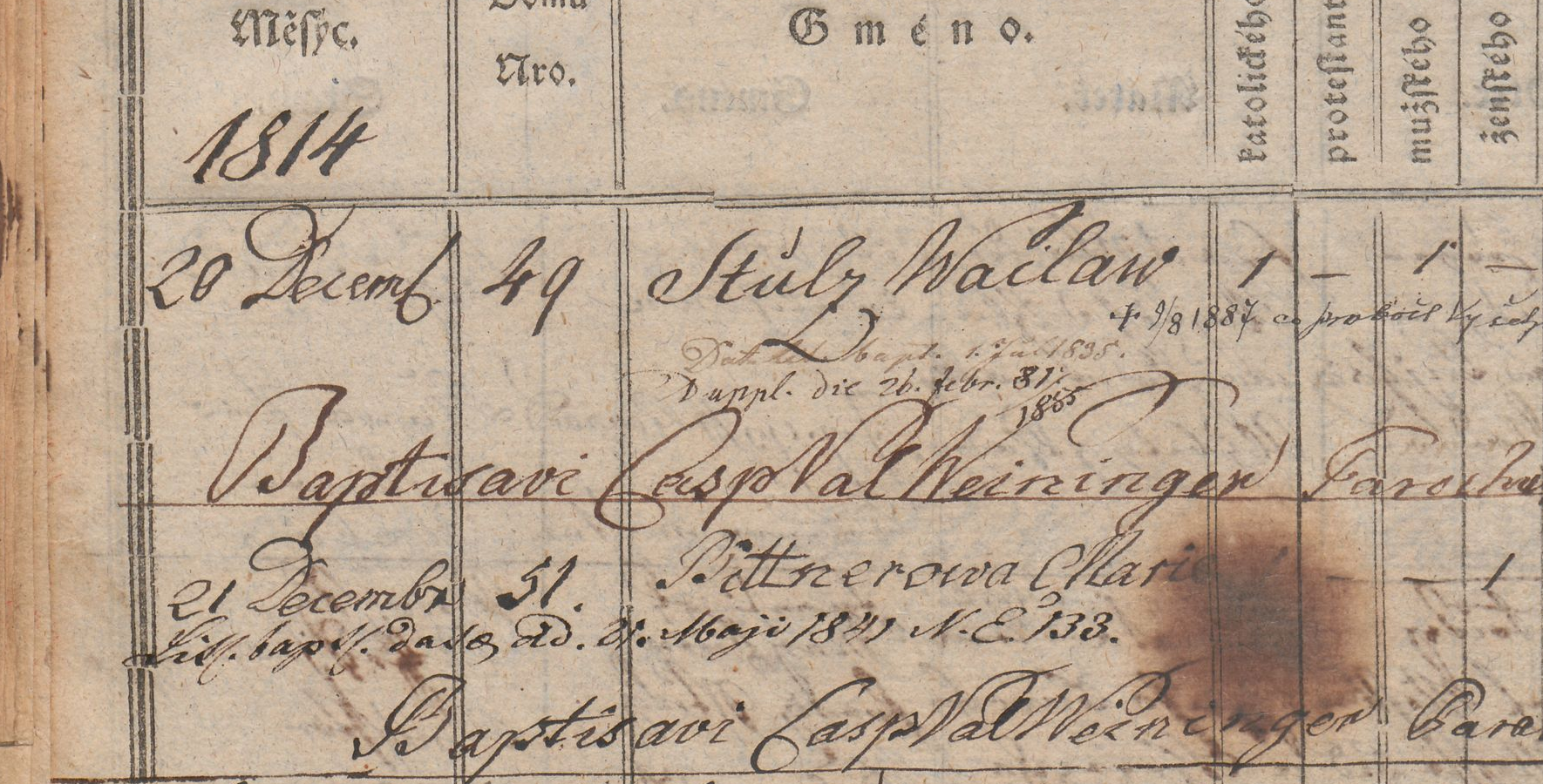 Výřez zápisu s rokem 1814, datem 20. prosince, domem číslo 49 a jménem Stulc Waclaw.