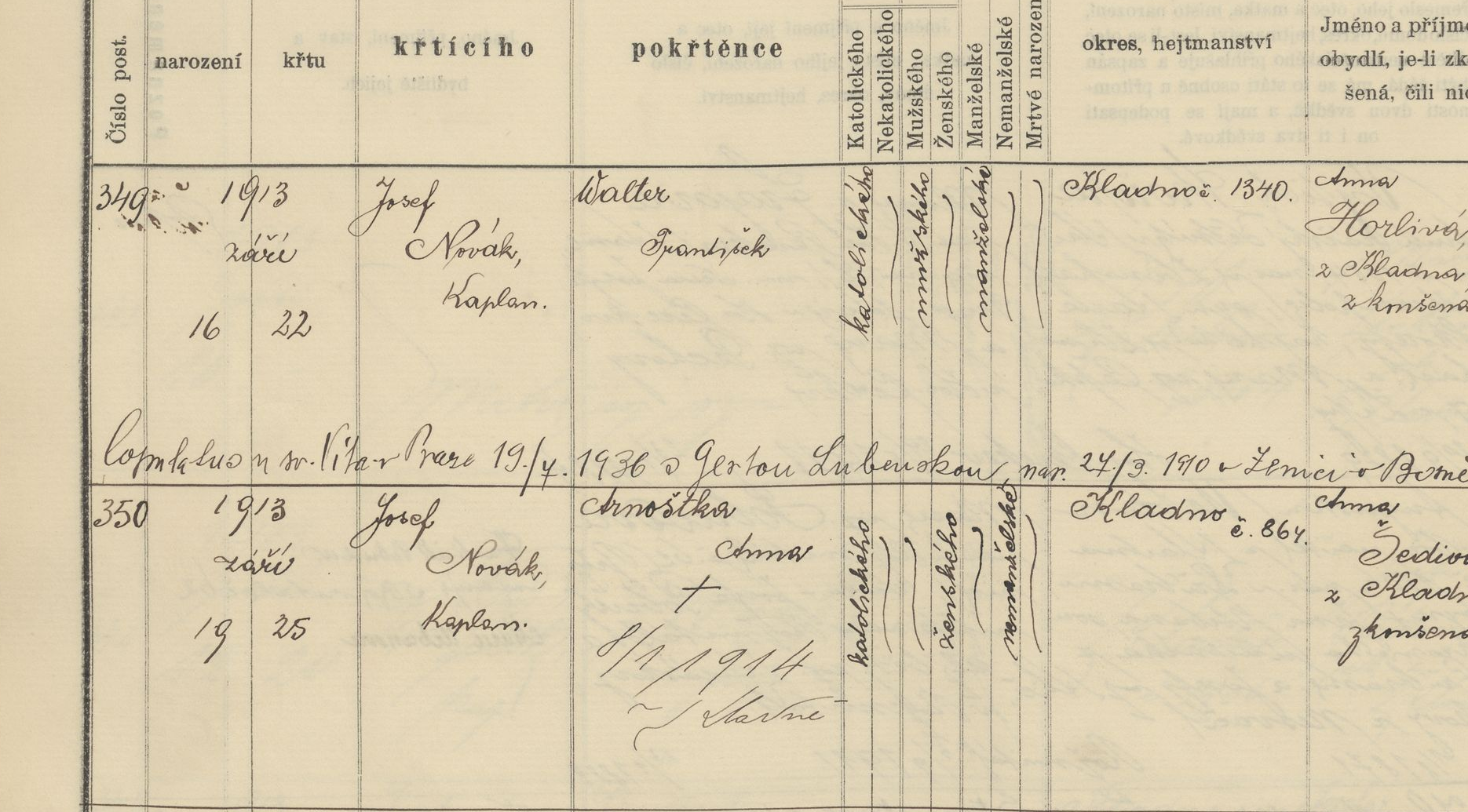 Výřez zápisu Waltera Hummelbergera s datem narození, křtem a kladenským domem čp. 1340.